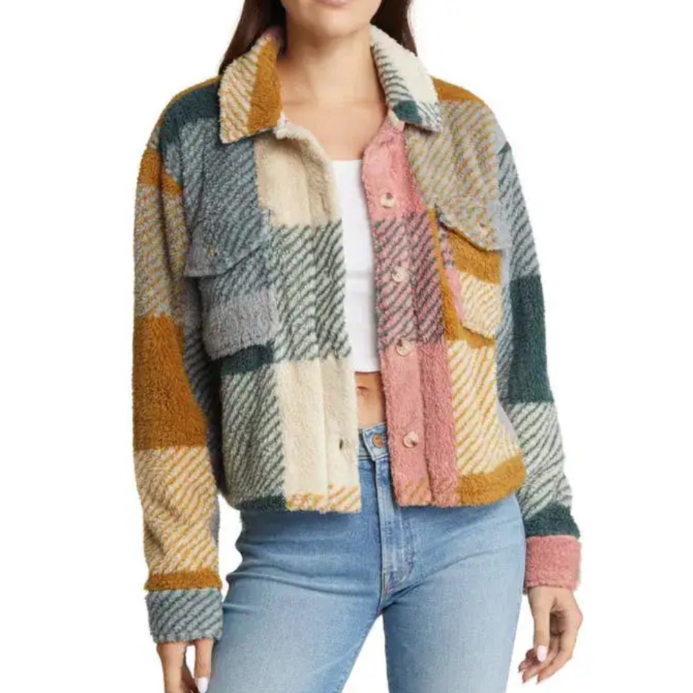 THREAD & SUPPLY Fleece Multi-Color Plaid Button Down Boho Crop Jacket Size XS